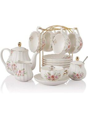 Elegant Porcelain Tea Set for 6 - 8oz Cups, Teapot, Sugar Bowl & Accessories
